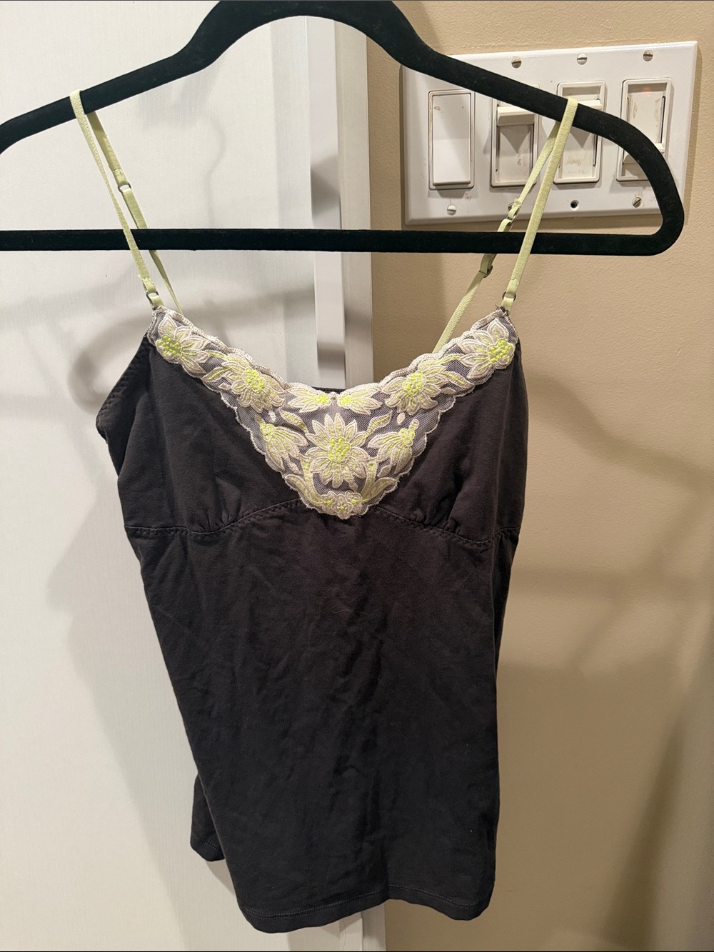 American Eagle Outfitters Black Cami with Pale Lime Floral Embroidery
